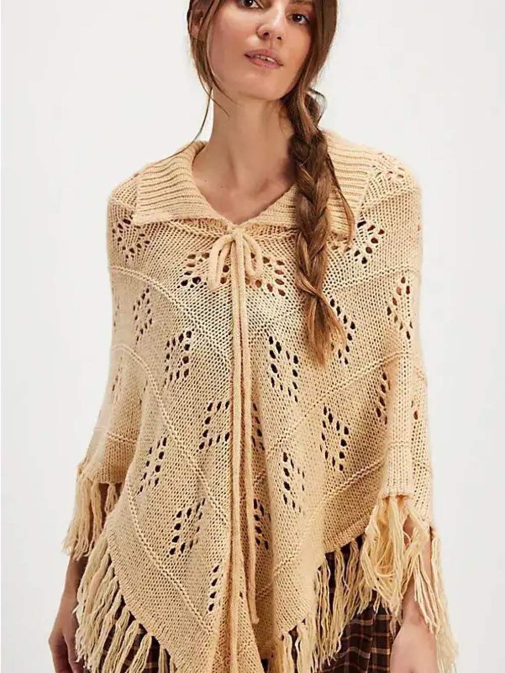 Free People Cream Open-Knit Fringe Tie Poncho